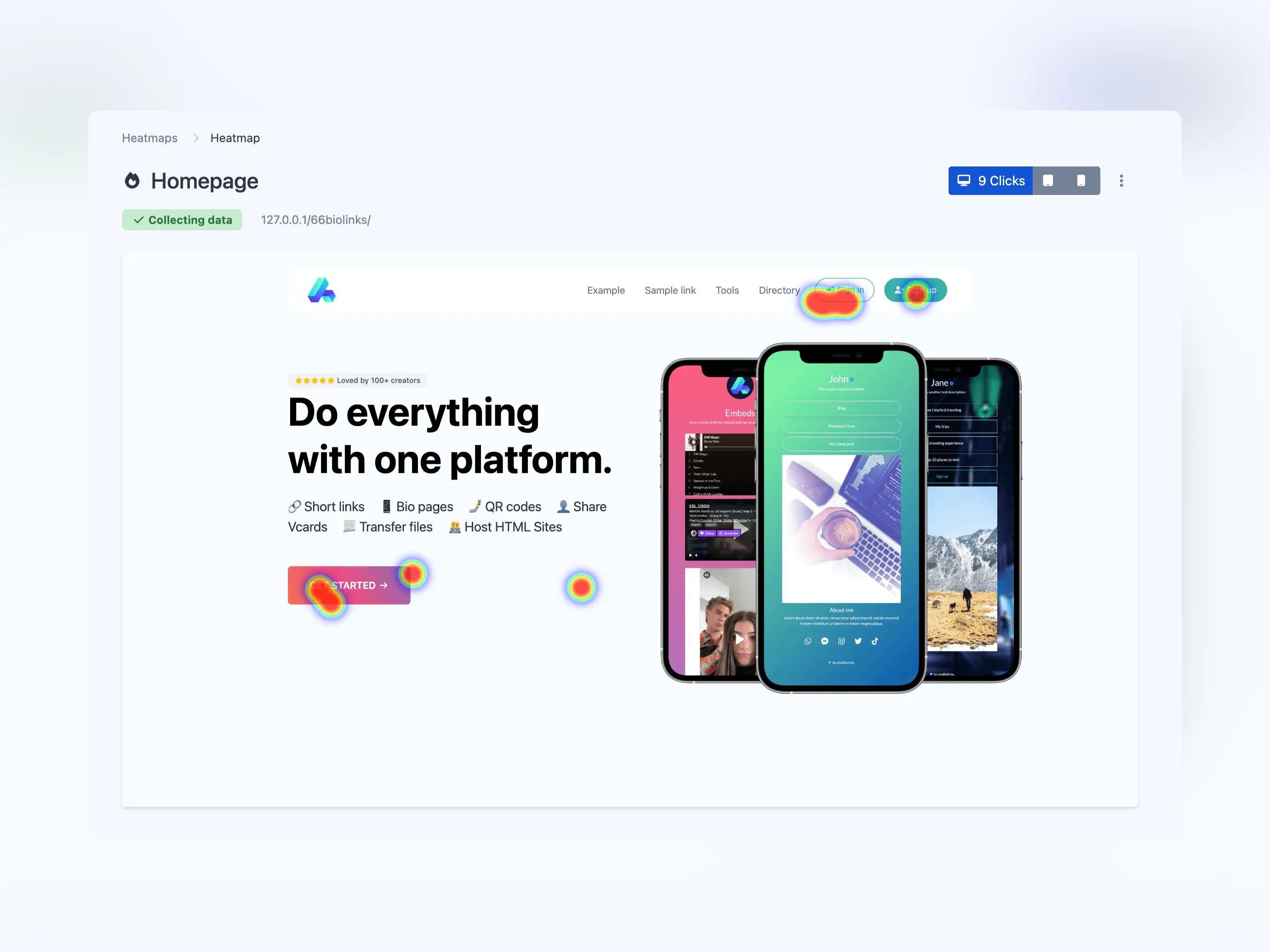ภาพหน้าจอของหน้า Heatmaps ของแอป
