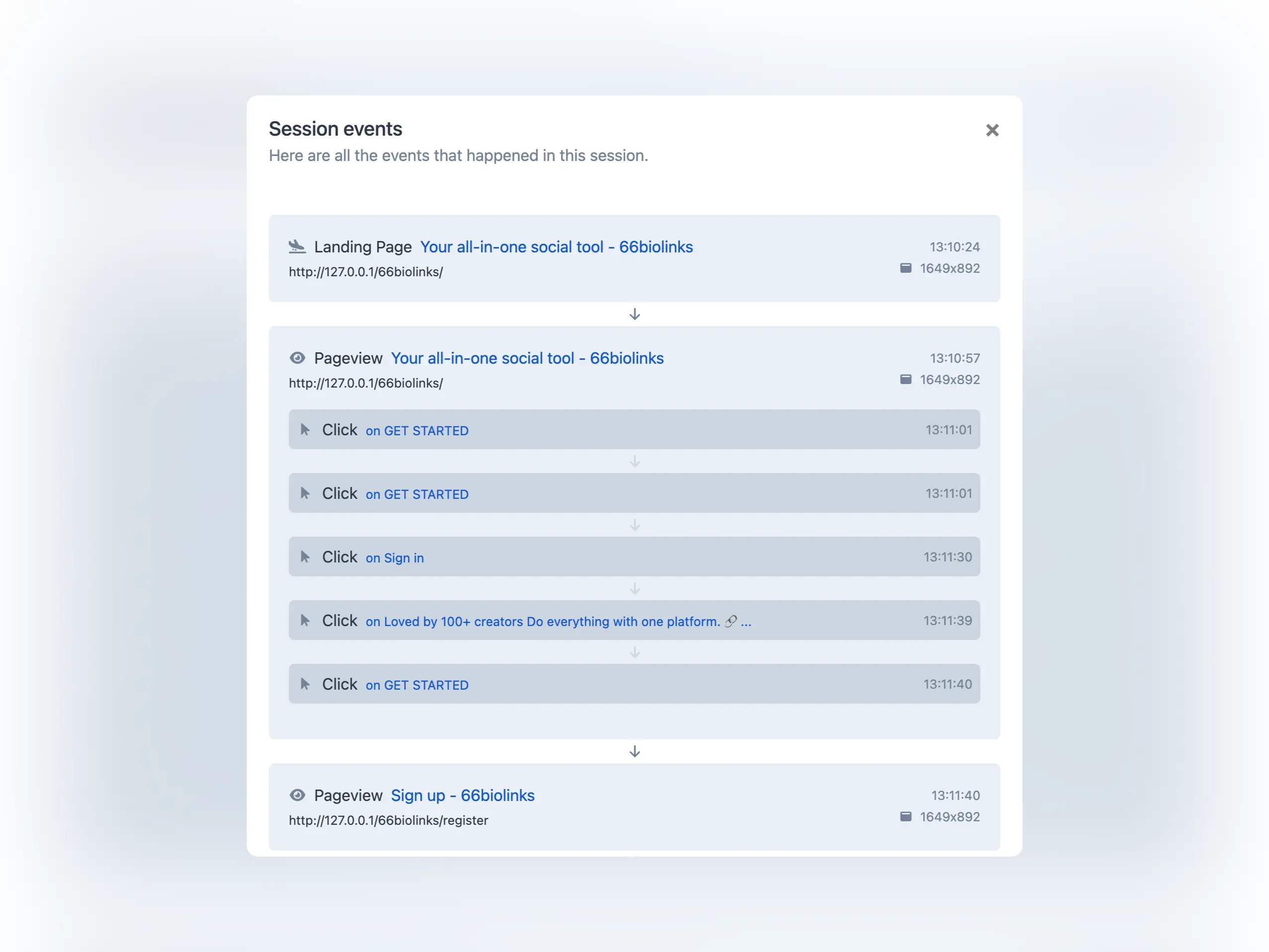 ภาพหน้าจอของหน้าแสดงรายการกิจกรรมผู้เยี่ยมชมของแอป