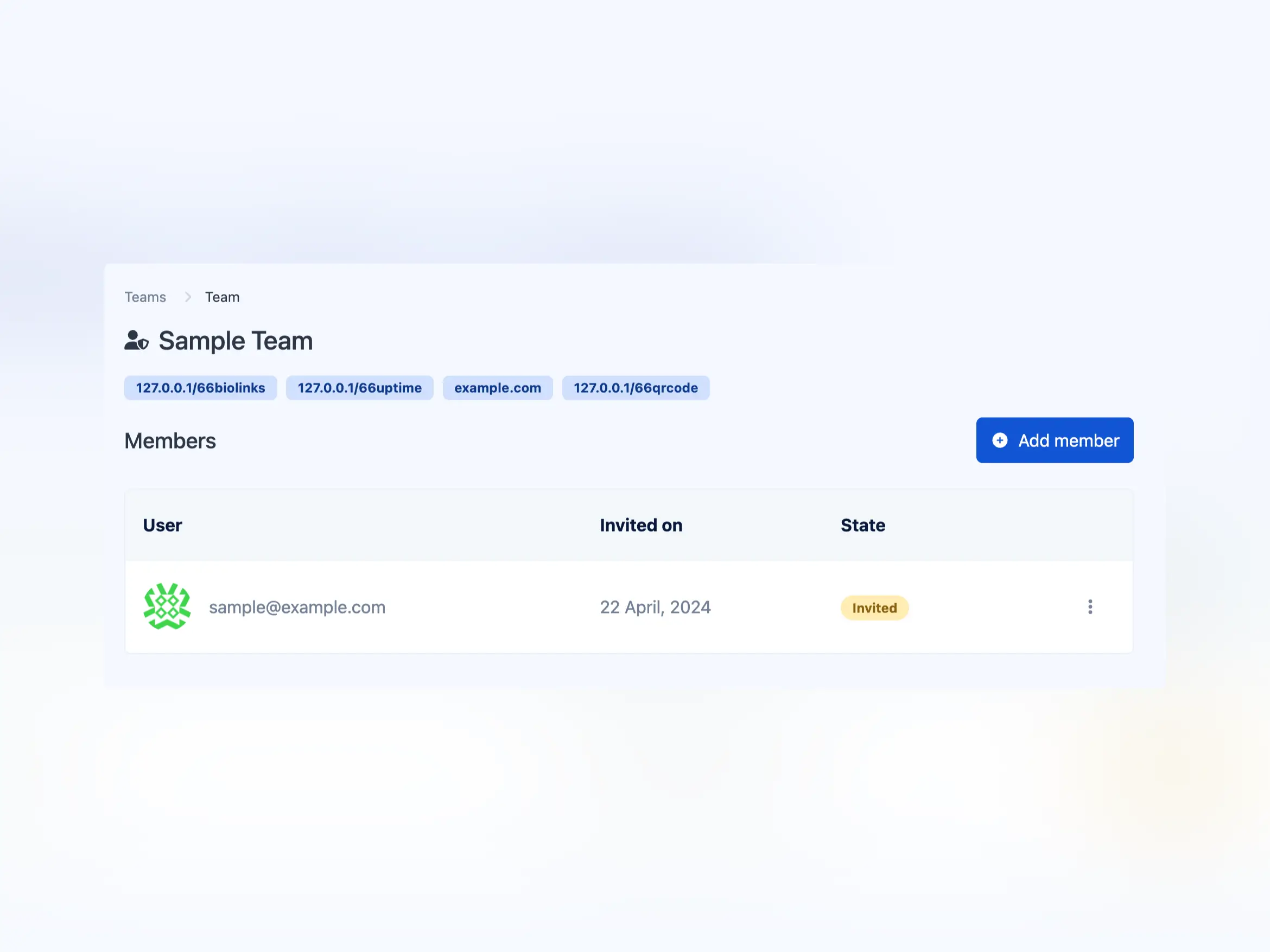 ภาพหน้าจอของหน้าทีมของแอป